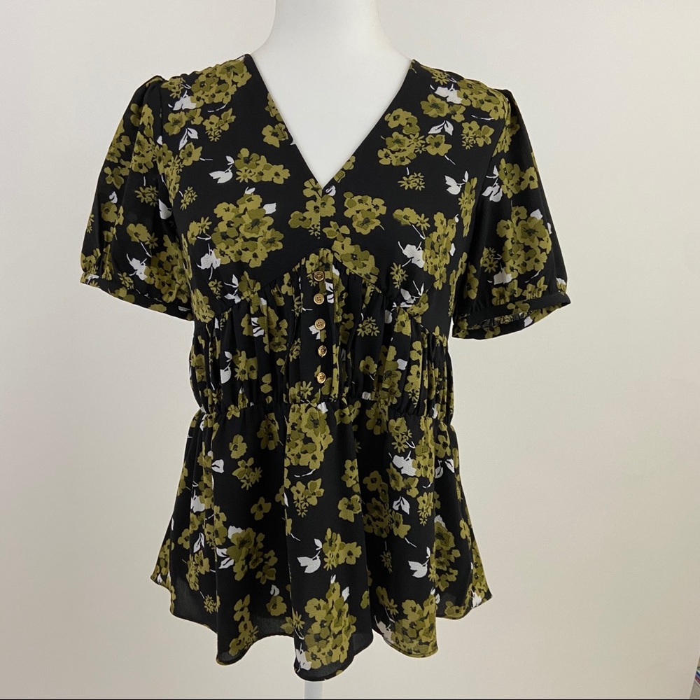 MICHAEL KORS BABYDOLL TOP- OLIVE, BLACK AND CREAM